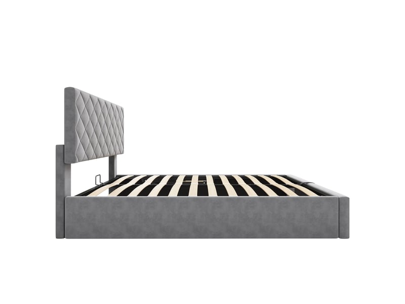  Lit coffre rembourré gris 140x200 cm avec vérin hydraulique sommier rangement design élégant  - Conforama E