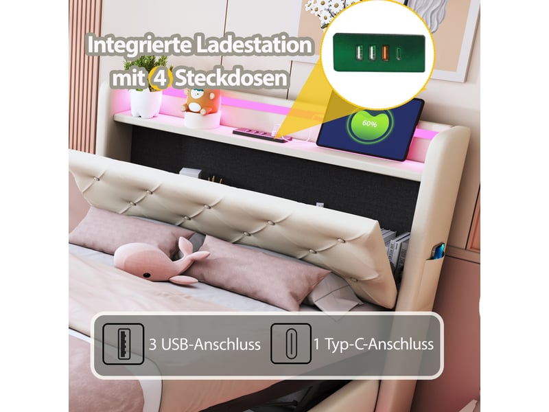  Lit enfant 90x200 cm en tissu beige, led multicolore, usb, tête de lit rabattable et coffre hydraulique  - Conforama D