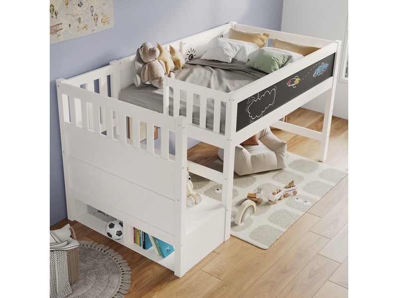 Lit mezzanine enfant 90x200 avec tableau blanc et barrière de sécurité, escalier réversible, bois blanc - Conforama W