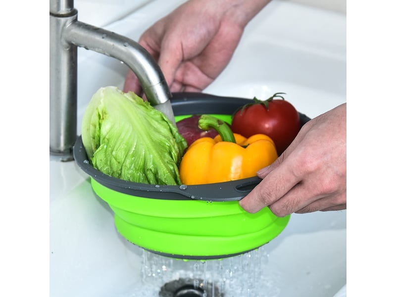  Lot de 2 passoires pliables en silicone – pour égoutter pâtes, légumes et fruits, vertes  - Conforama D