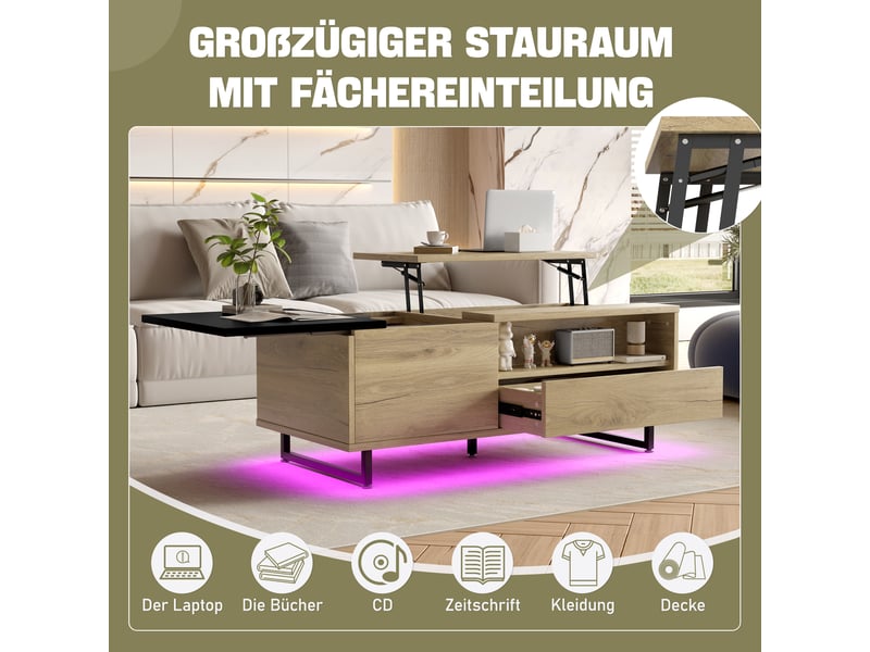  Table basse avec plateau relevable tiroir niches et rangement caché avec led bleue pour salon en bois naturel et noir  - Conforama E