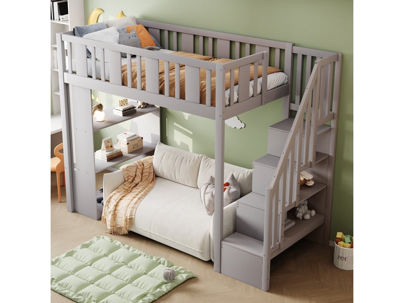Lit mezzanine enfant 90x200 cm avec escalier de rangement gris - Conforama C