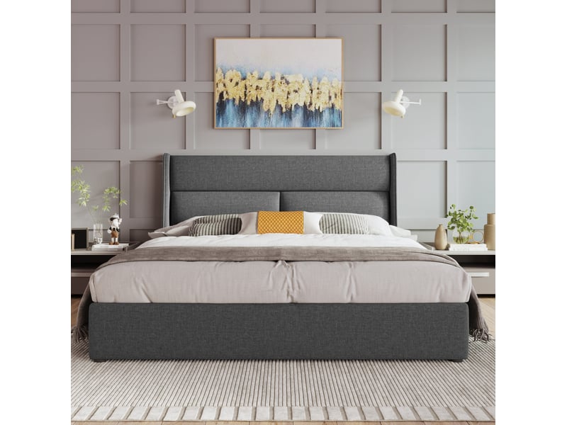  Lit coffre 160 × 200 cm 2 places avec tête de lit réglable, rangement hydraulique, matelas inclus, en lin gris  - Conforama C