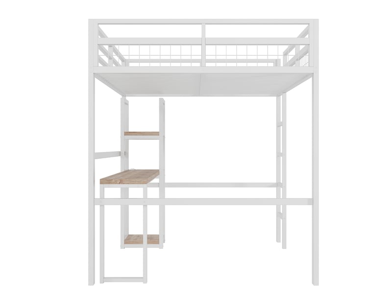  Lit mezzanine enfant 140x200 cm, bureau, étagère, charge, garde-corps, sommier, métal blanc, sans matelas  - Conforama R