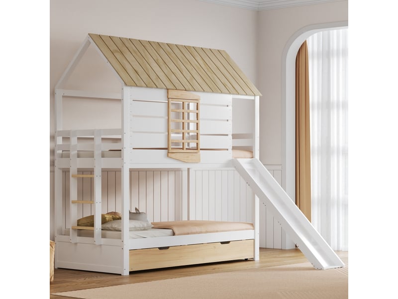 Lit superposé 90x200 cm coloris blanc+naturel pin lit enfant bicolore - Conforama D