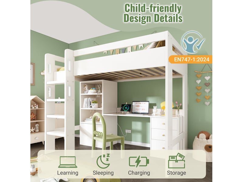 Lit mezzanine enfant 90x200 cm – blanc – bureau usb-c, armoire, étagères et tiroirs – sans matelas - Conforama E