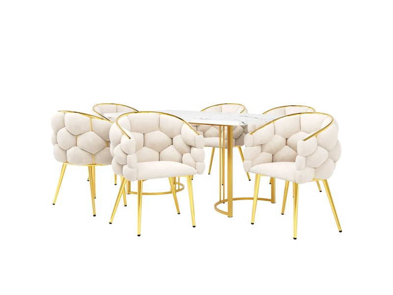  Ensemble table à manger 7 pièces moderne avec 6 chaises, mdf effet marbre, 140x80cm, pieds dorés  - Conforama A