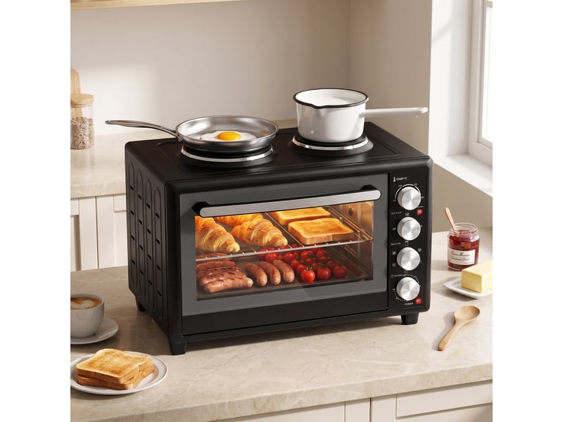  Mini four électrique 46 litres avec 2 plaques, convection et tournebroche, noir  - Conforama B