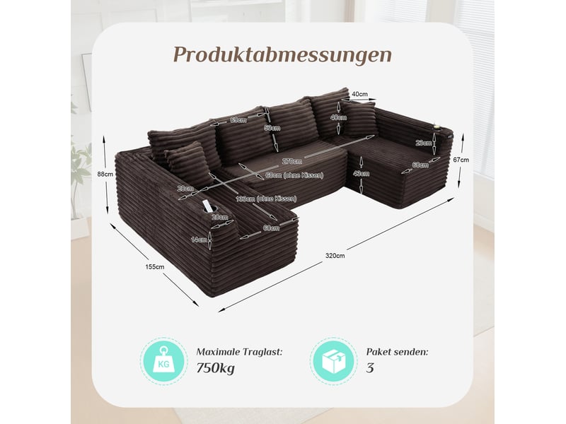  Canapé modulable en u modenvie 6 places en velours côtelé marron 320 x 155 x 88 cm avec porte-gobelets et poches latérales  - Conforama C
