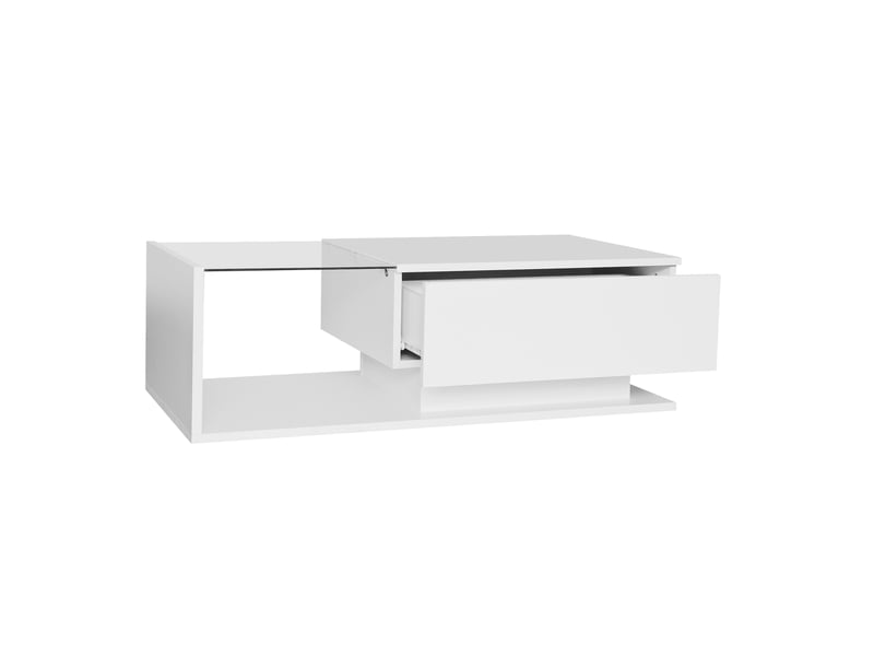  Table basse brillante en panneaux de particules avec lumière led,plateau en verre,compartiment ouvert et 1 tiroir,blanc table basse blanc - Conforama E
