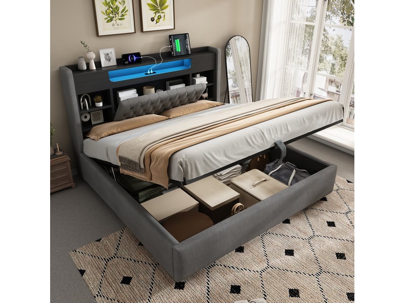  Lit avec rangement hydraulique 140 x 190 cm gris en lin avec led, ports usb et usb-c  - Conforama D