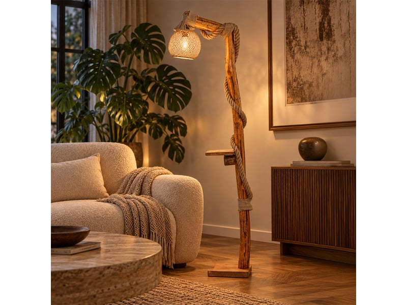  Lampadaire design en bois naturel, corde et abat-jour en jute sandra  - Conforama D