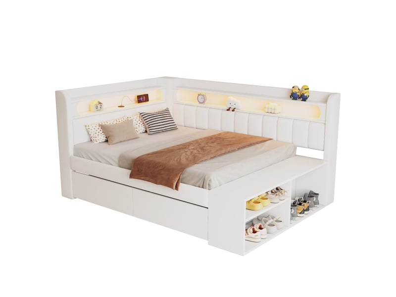  Modenvie lit banquette 90x200 cm - avec led, ports usb et 2 tiroirs - avec meuble à chaussures - blanc  - Conforama A