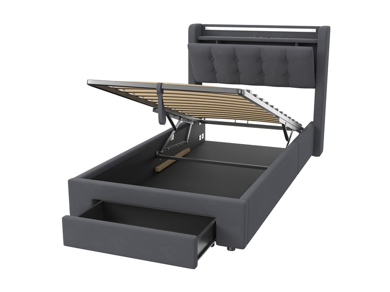  Lit coffre pour enfant, 90 x 200 cm, simple, avec led et ports usb, tissu velours, gris foncé.  - Conforama E
