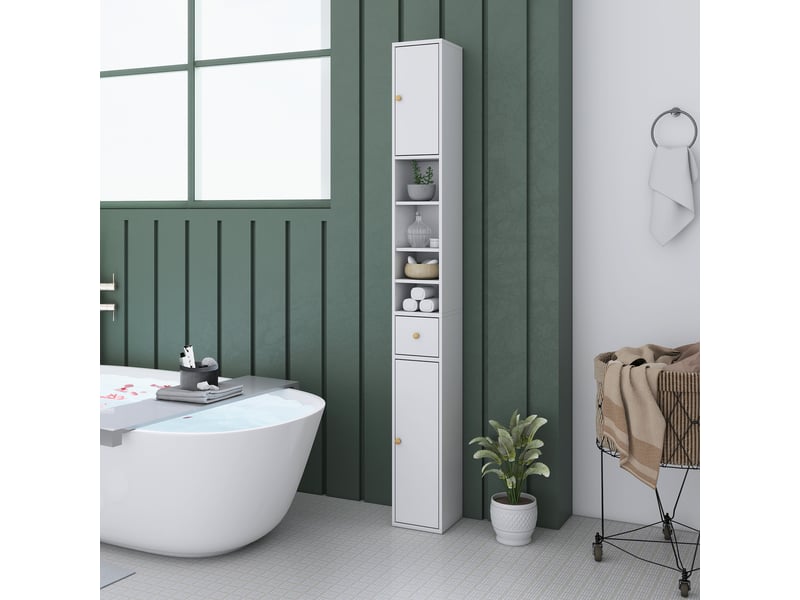  Meuble de salle de bains haut et étroit, avec compartiments ouverts et fermés, blanc  - Conforama D
