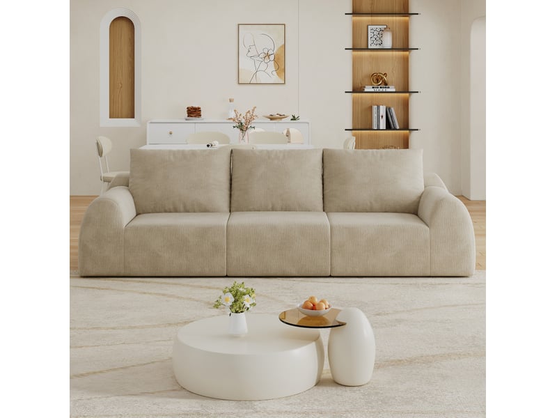  Canapé droit 3 places modenvie en tissu chenille kaki 257 x 95 x 85 cm, mousse haute élasticité, sans outil  - Conforama B