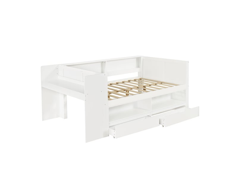  Lit en bois 120x200 cm, lit fonctionnel avec bureau intégré, contour partiel, armoire, 2 tiroirs, niches ouvertes, blanc  - Conforama A