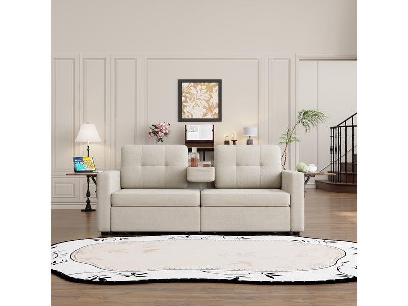  Fauteuil 2 places - 178x71x57.5 cm - canapé en tissu chenille avec table pour ordinateur, tiroirs et porte-gobelets - beige  - Conforama D