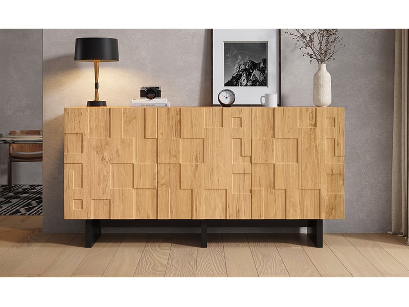  Buffet bas 140 x 40 x 70 cm avec 3 portes à ouverture par pression, 5 compartiments, mdf et panneaux de particules, coloris bois naturel  - Conforama D