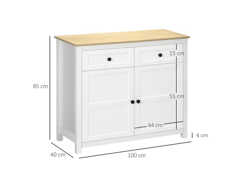  Commode meuble de rangement 2 portes avec étagère réglable en hauteur 2 tiroirs 100 x 40 x 85 cm blanc et aspect bois  - Conforama C