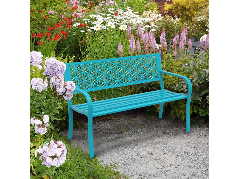 Banc de jardin en métal, banc de parc en fer, résistant 250 kg, intempéries, pour balcon, jardin, terrasse, 127×61×84cm, bleu  - Conforama E