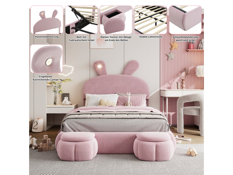  Lit capitonné 140x200cm en velours rose, oreilles de lapin, led, coffre hydraulique et deux poufs de rangement  - Conforama D