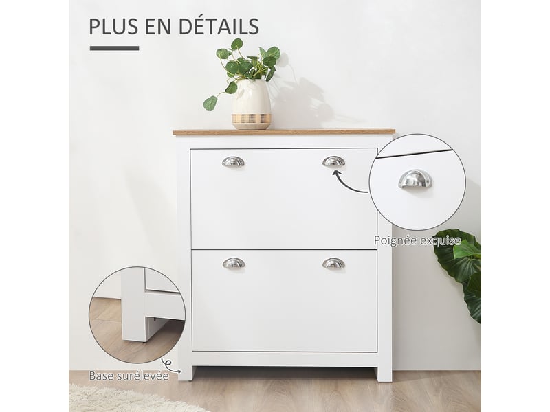  Meuble à chaussures 12 paires, armoire à chaussures étroite avec 2 tiroirs rabattables et étagères réglables, poignées coquilles métal, pour couloir, entrée, blanc et chêne, 79 x 23 x 90,5 cm  - Conforama R