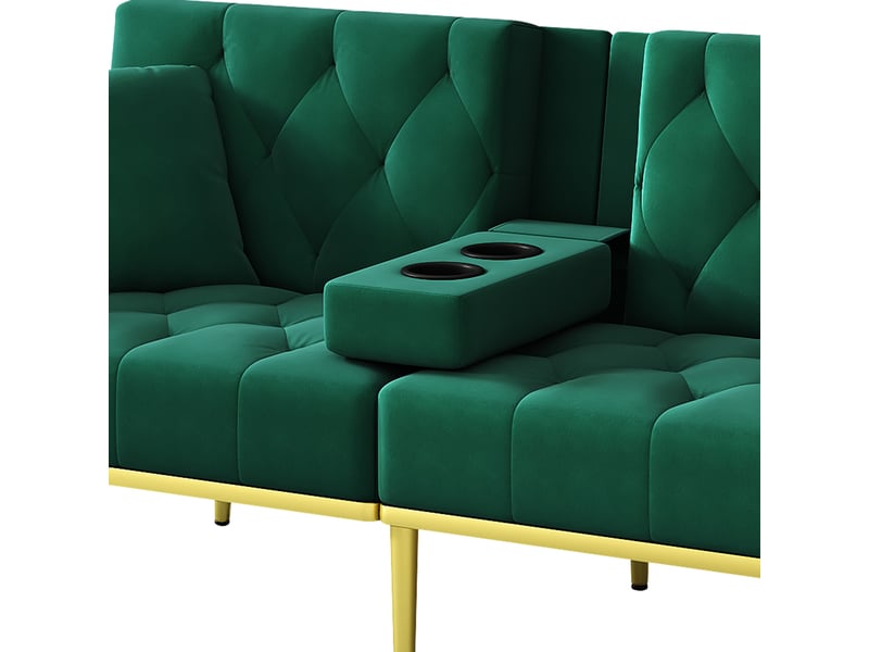  Canapé convertible 2 places velours vert 175x80x73.5cm avec coffre de rangement et support gobelet  - Conforama W