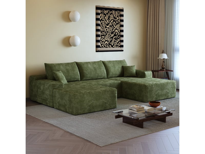  Canapé d’angle modulable 270 x 175 x 83 cm 3 places avec pouf, méridienne en l, assise profonde, sans montage, vert Bliss Lite - Conforama B