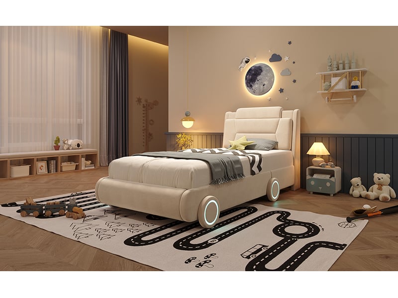Lit voiture 90 × 200 cm, tête rembourrée réglable sur 2 hauteurs, roues led multicolores, sommier inclus, beige - Conforama B