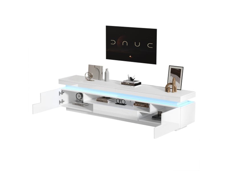  Meuble tv 175 cm blanc brillant avec led, 2 rangements en l, 1 tiroir, pour tv jusqu’à 75 pouces  - Conforama A
