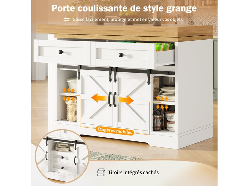 Îlot de cuisine 120x40x72 cm, table à manger et à plateau pivotant, structure en mdf, meuble cuisine, couleur blanc - Conforama E
