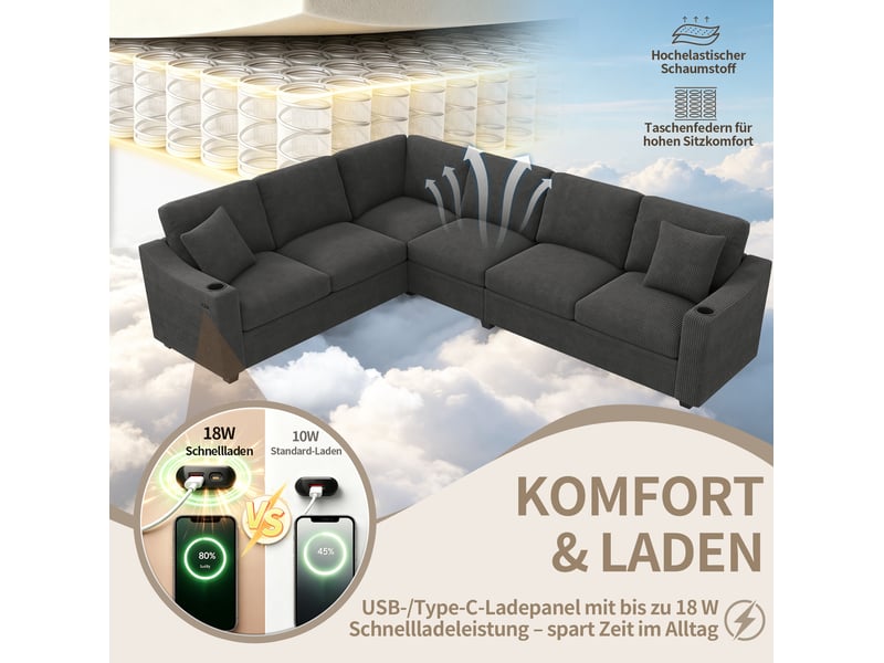  Canapé d'angle modulable 6 places 277x215x85 cm en velours côtelé gris foncé  - Conforama E