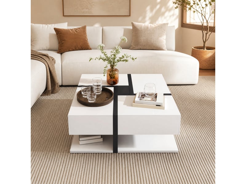  Table basse carrée 78x78x36 cm avec 4 tiroirs, blanc et noir brillant  - Conforama B