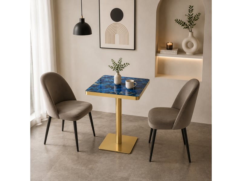  Table à manger carrée,60x60x74 cm,avec piètement métal,mdf,bleu effet marbre  - Conforama D