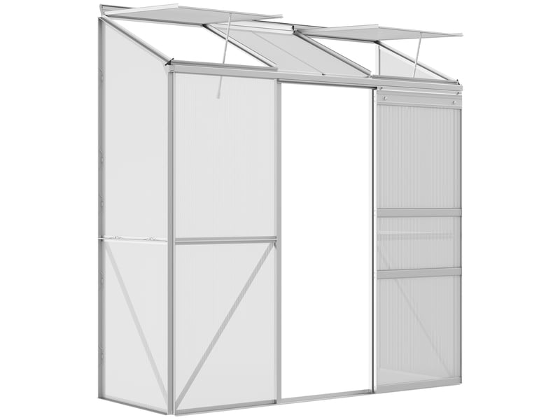  Serre adossée, porte coulissante, fenêtre de toit, polycarbonate + aluminium, couleur : argent, 192 x 68 x 196 cm  - Conforama A