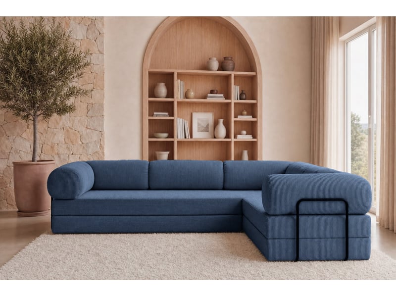  Cosima l - canapé d'angle convertible petit velours côtelé 4 places bleu foncé gauche  - Conforama D