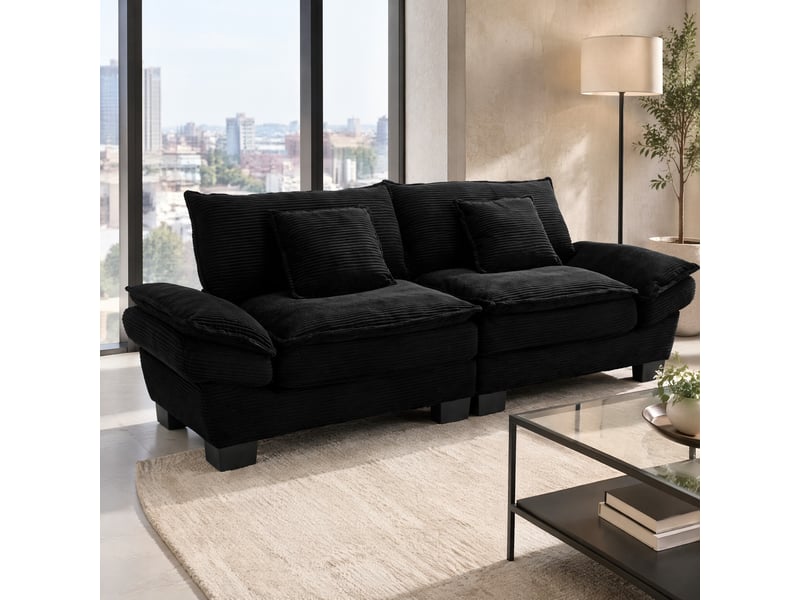 Canapé droit fixe 2 places en velours noir, assise profonde et accoudoirs rembourrés pour votre salon - Conforama B