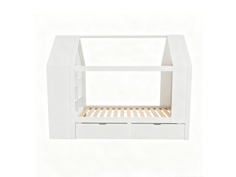  Lit cabane enfant 90x200 cm - 2 tiroirs et rangement - LED - lit multifonction en bois - Lit simple - Blanc  - Conforama R