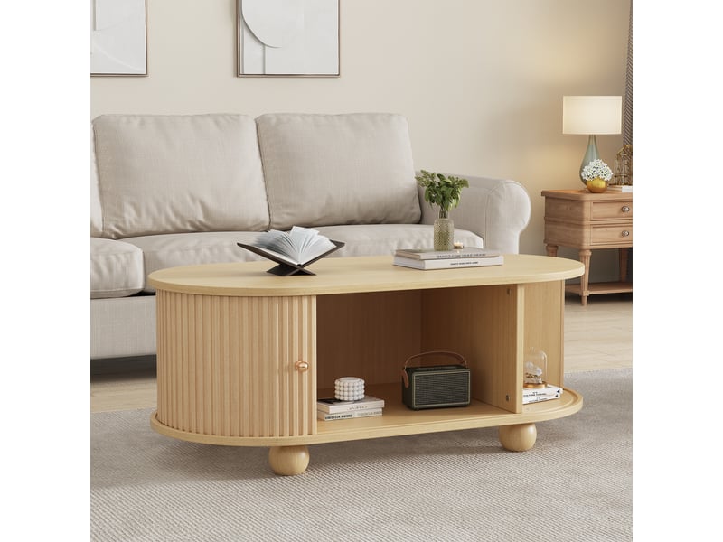  Table basse ovale avec espace de rangement et portes coulissantes, style industriel, mdf, 100 x 50 x 40 cm, bois naturel  - Conforama D