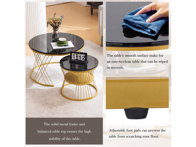  Tables basses gigognes rondes 70x45+45x40 cm, gain de place, table de salon, pour canapé et chambre, métal et mdf, noir  - Conforama E