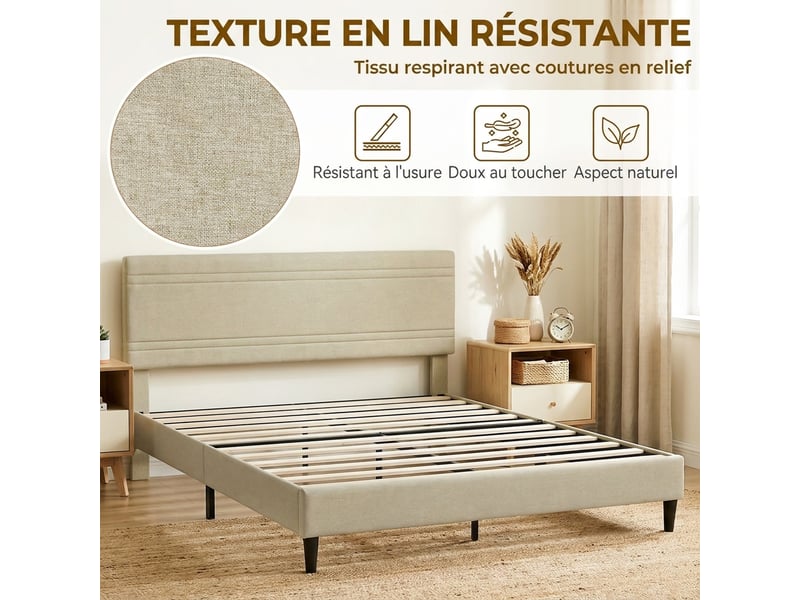  Cadre de lit 160 x 200 cm avec sommier en bois, rembourré en effet lin, cadre en acier, 9 pieds robustes, beige  - Conforama E