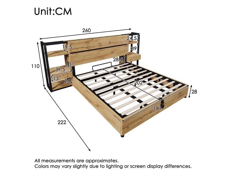  Lit double coffre hydraulique 180 x 200 cm coloris chêne avec rangement, tiroirs et ports usbtype-c  - Conforama E