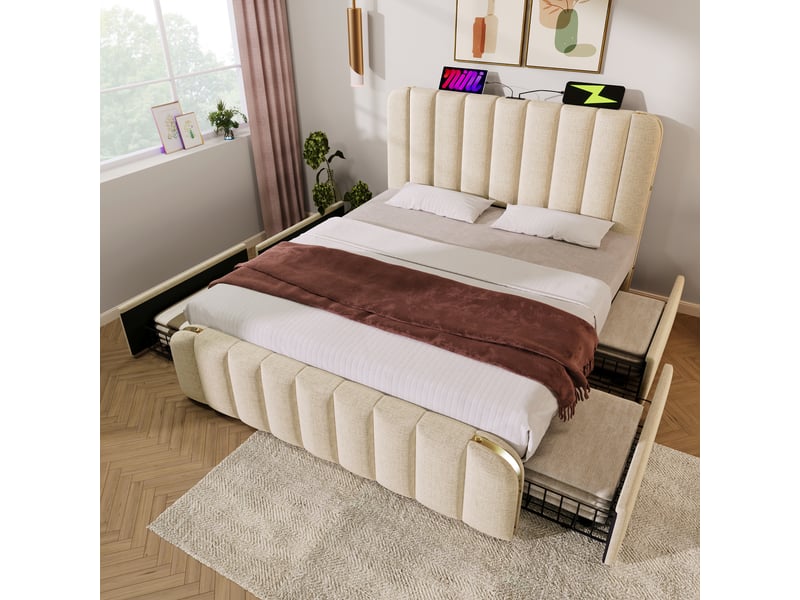  Lit capitonné 140x200 cm avec tête de lit et 4 tiroirs - bandes dorées, usb-c intégré, toile beige  - Conforama B