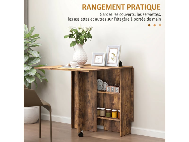  Table à manger pliante mobile sur roulettes, 2 plateaux rabattables, 2 étagères intégrées, 140x80x74cm, brun rustique  - Conforama E