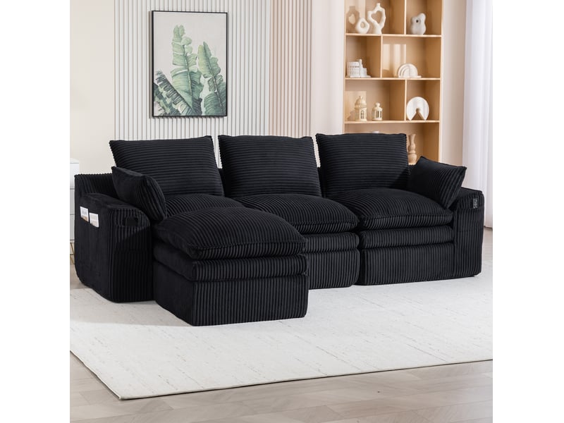  Canapé 3 places ulevr modulaire avec repose-pieds et poches latérales, velours côtelé noir, 263 x 167 x 85 cm  - Conforama E
