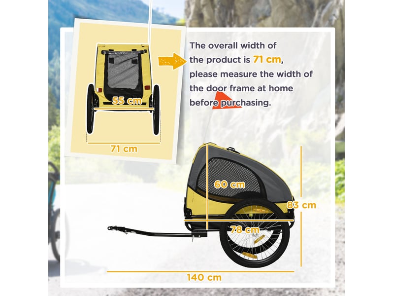 Remorque vélo pour enfent 140x71x83 cm – jaune – fenêtres filet, laisse de sécurité, charge 20 kg - Conforama C