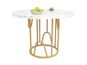 Table à manger d80xh76cm, table ronde, plateau en mdf avec motif de marbre, pied en métal, style design, blanc+doré