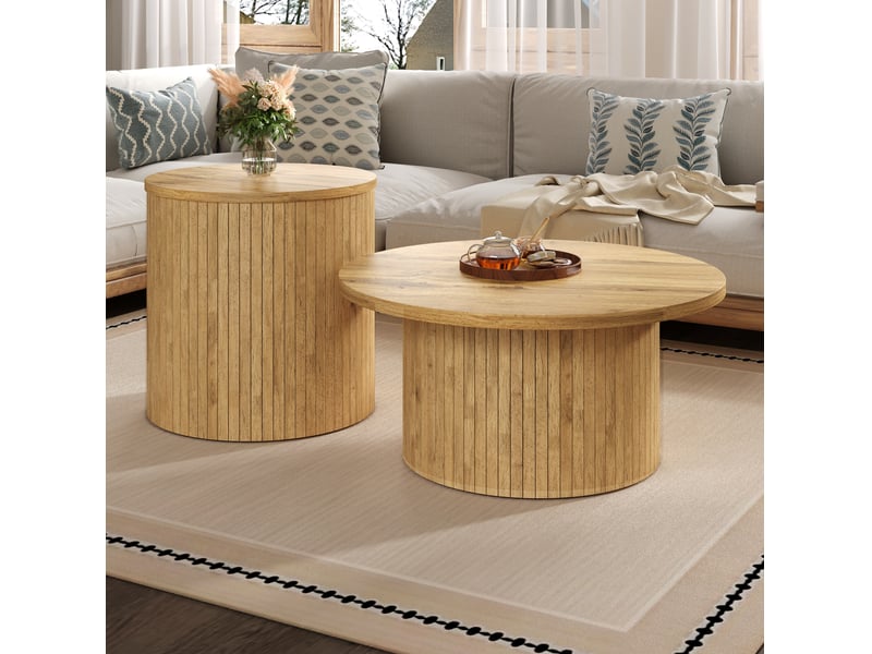  Table basse gigogne ronde 75x75x36+50x50x50,5 cm, table d'appoint, style moderne, pour le salon, mdf, couleur naturel  - Conforama B