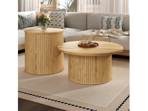 Table basse gigogne ronde 75x75x36+50x50x50,5 cm, table d'appoint, style moderne, pour le salon, mdf, couleur naturel
